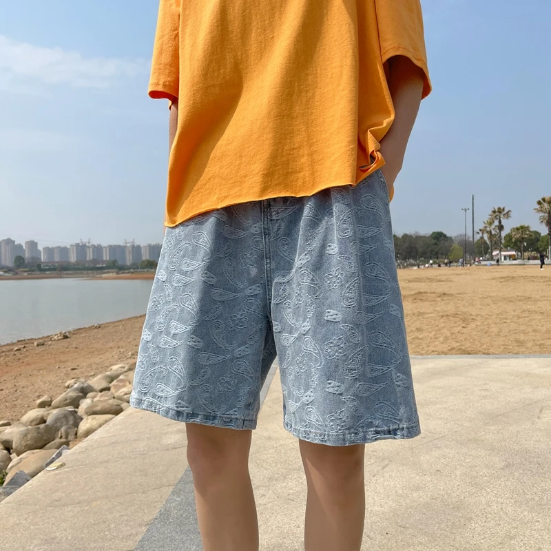 

Printing Baggy Denim Shorts Mans Summer New Fashion Street Knee-length Jean Male Cotton Straight Loose Wide Leg Short Jeans