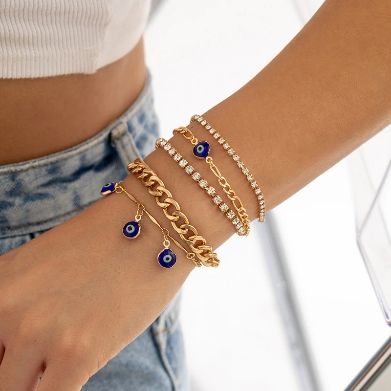 

Lucky Inlaid Rhinestone Evil Eye Bracelet Set for Women Men Gold Color Chain Bangle Vintage Geometric Ball Friends Jewelry Gift