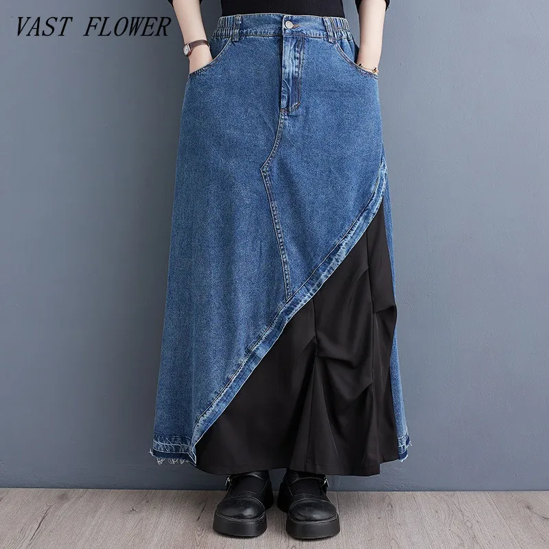 

Женская джинсовая юбка с высокой талией, Повседневная Свободная длинная винтажная юбка большого размера с эластичным поясом на весну и осень, 2023