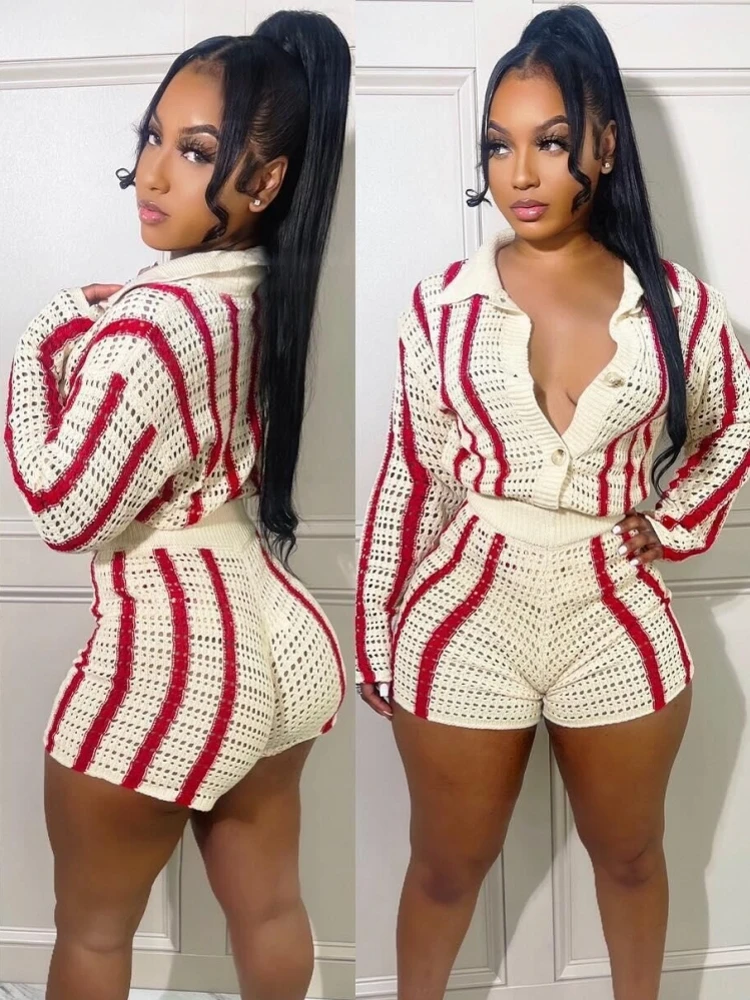 

2 Pieces Women's Sets Knitting Summer Autumn Women Button Sweater Tops And Shorts Suits Two Piece Matching Set Tracksuit Outfit