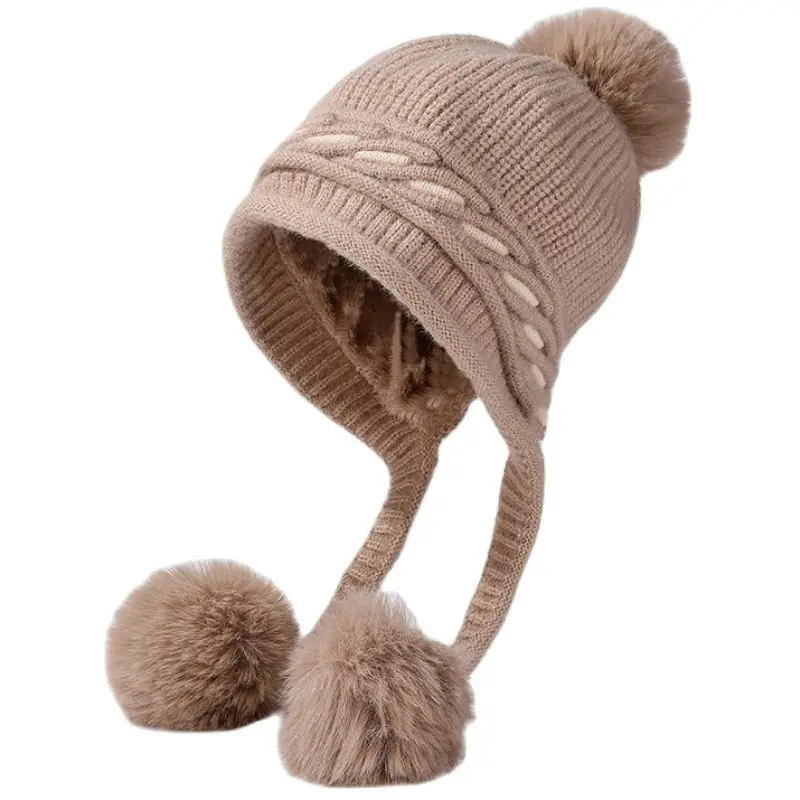 

HT4125 New Fashion Women Winter Beanie Hat Thick Warm Fleece Lined Knitted Hat Female Three Pompoms Earflap Cap Ladies Beanies