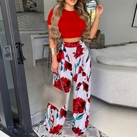 women printed solid 2 piece suit sexy short sleeve o neck short t shirt high waist pleated loose wide leg pants trousers suit