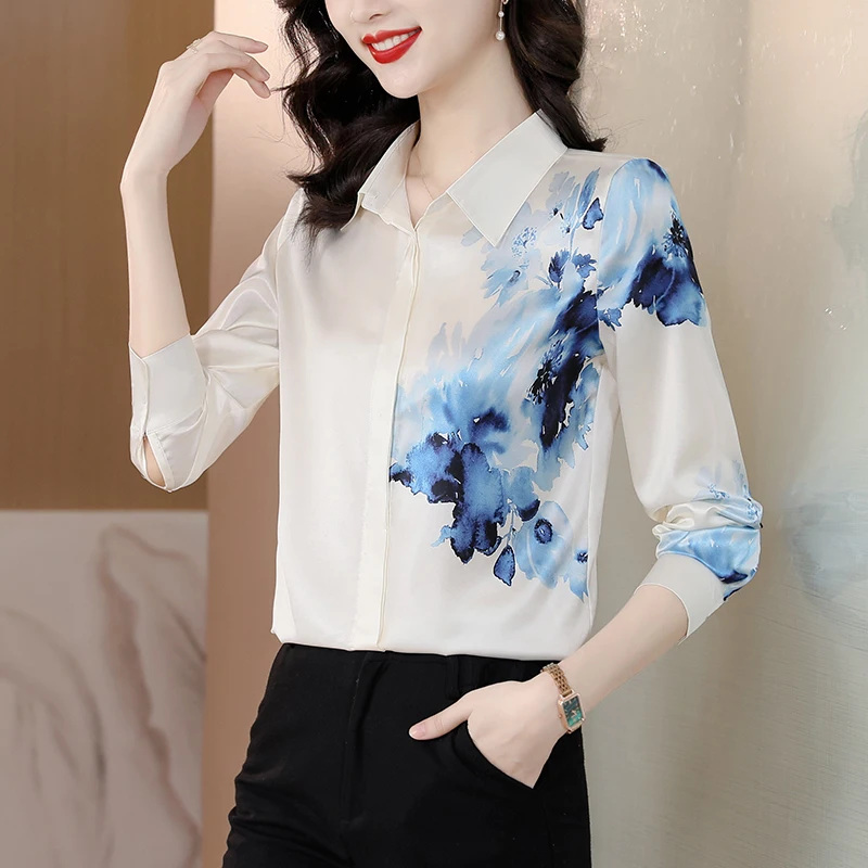 

Satin Women's Shirts New Printed Silk Casual Blouses Loose Ladies Clothing Long Sleeves Spring/Summer 2023 FLORAL FASHION Tops