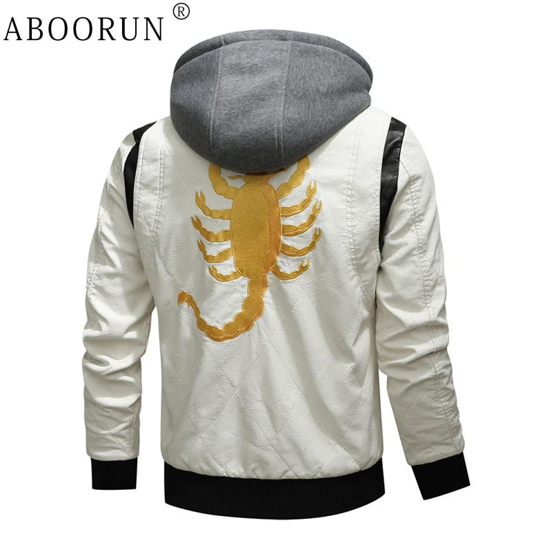 

ABOORUN Men Fashion PU Jackets Scorpion Embroidery Patchwork Coats Faux Leather Coat Male Outerwear