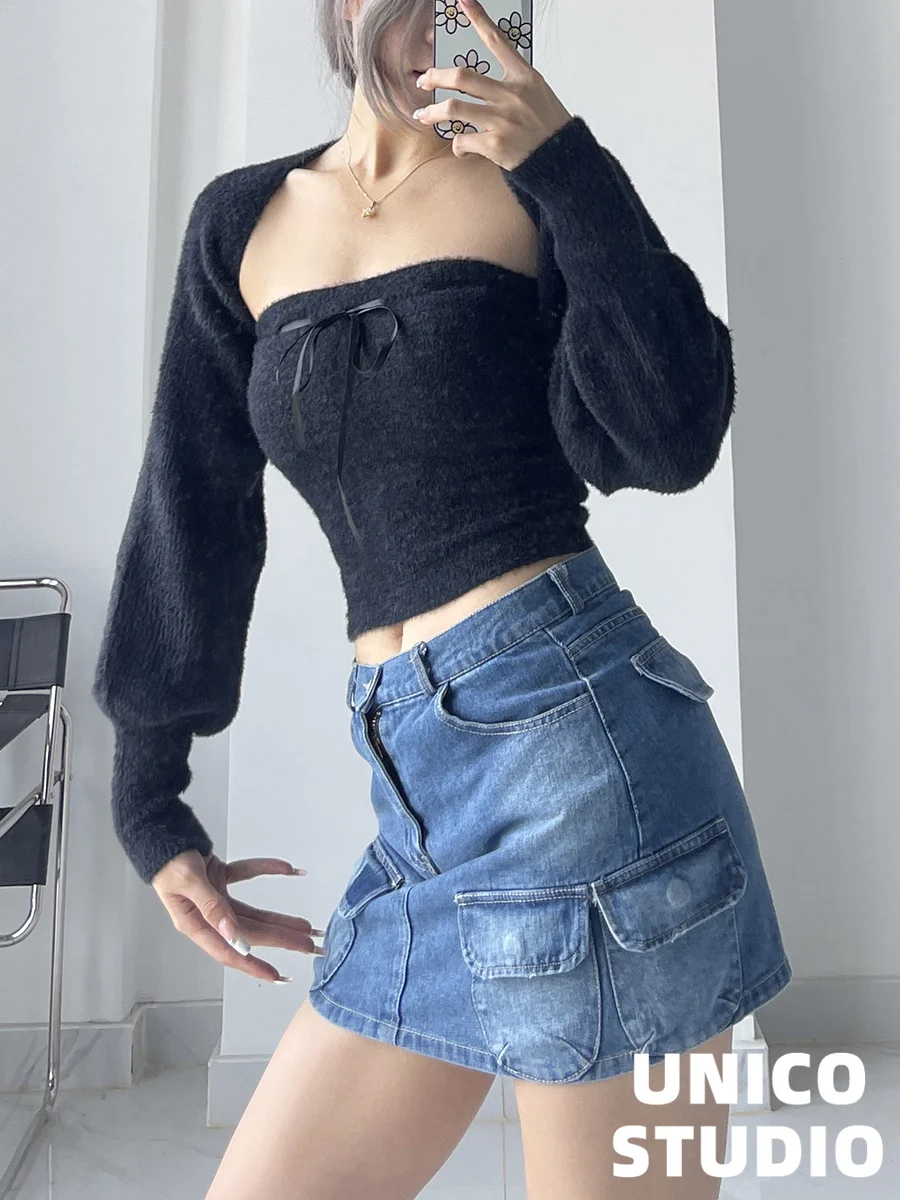 TVVOVVIN 2023 INS женская короткая юбка с открытой шеей из мягкого вощеного меха и шаль