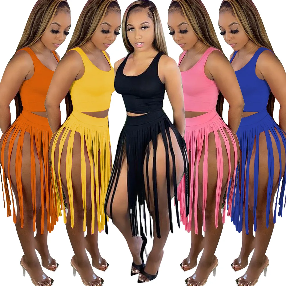 

Solid Fitness Women Summer Two Piece Outfit Set Sleeveless Vest Crop Tops Tassel Shorts Suit Sportwear Two Piece Set