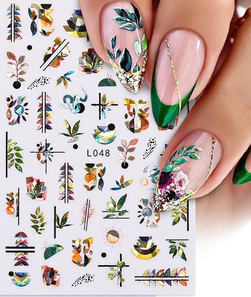 

1pcs Geometric Color Block Line Green Leaf Decal Flower Sticker Autumn Simple DIY Slider For Manicuring Press On Nails Art Tips