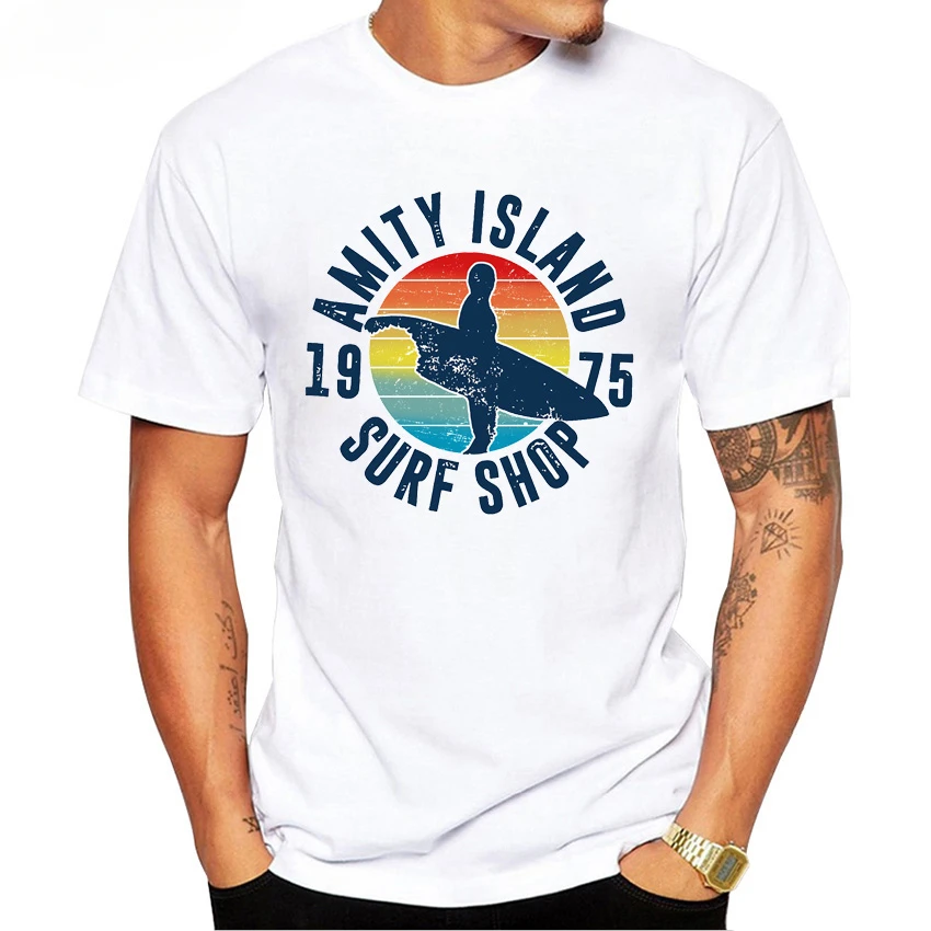 Классическая винтажная футболка Amity Island Surf Shop 1975 Модные мужские повседневные