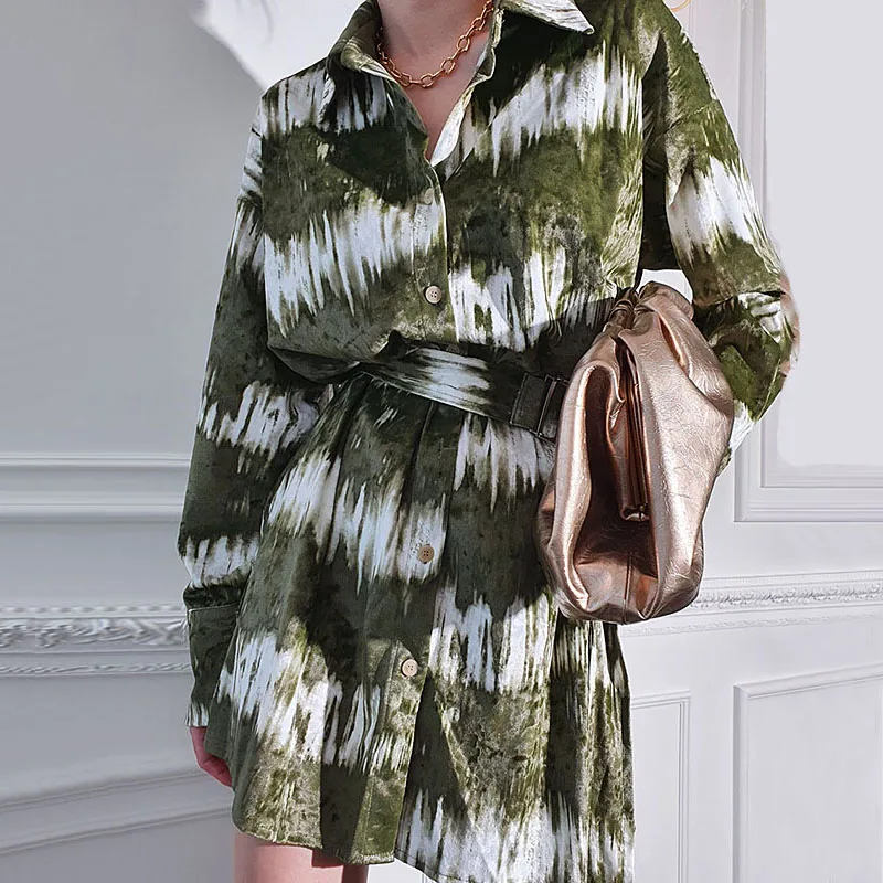 

WDMSNA French Lapel Long Sleee Vestidos Single Breasted Lace Up Robe Loose Casual Tie Dye Shirt Mini Dresses for Women with Belt
