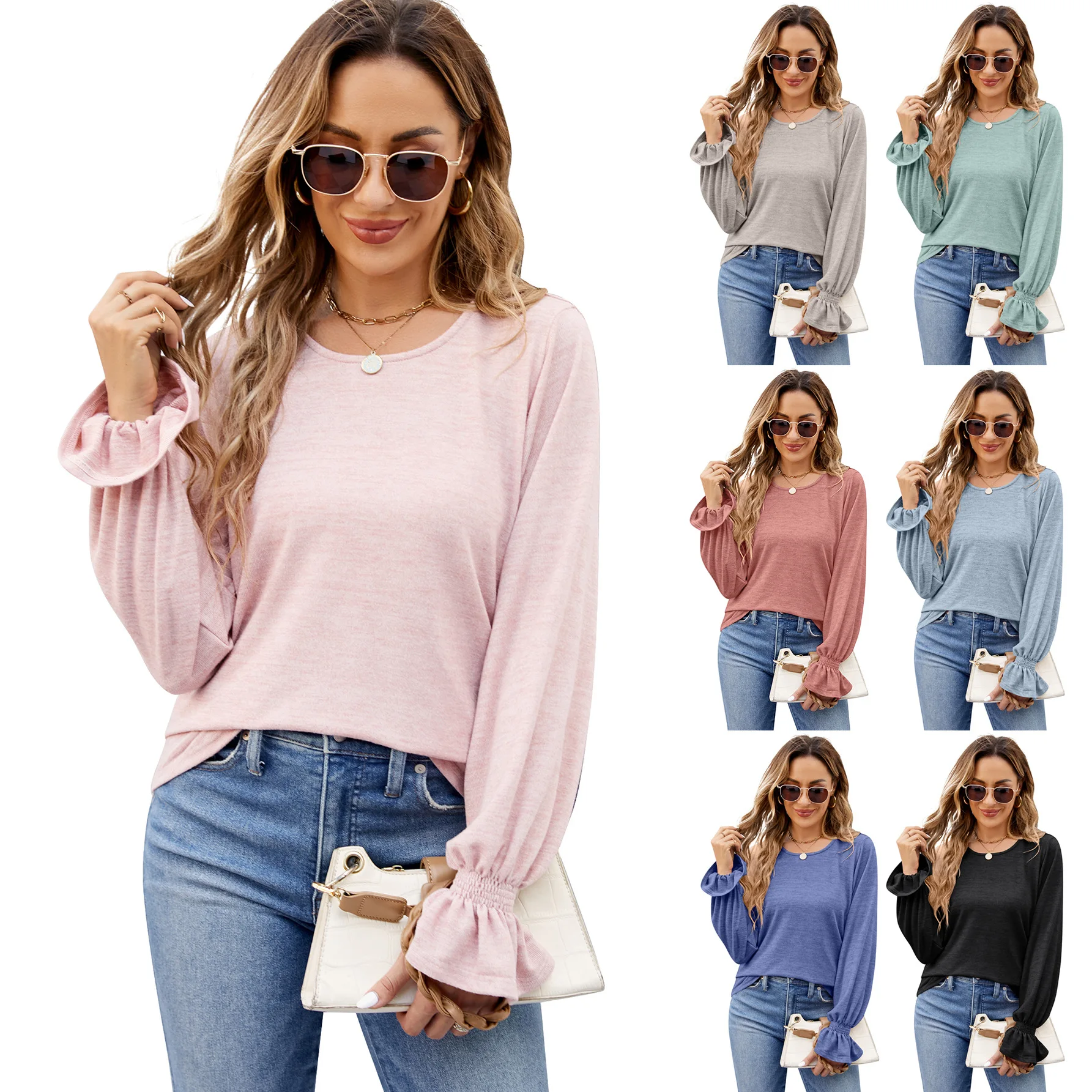 

Solid Colour Round Neck Loose Long Sleeve T-Shirt Top Women's Simple Classic Design Fashion Trend Charming Ladies