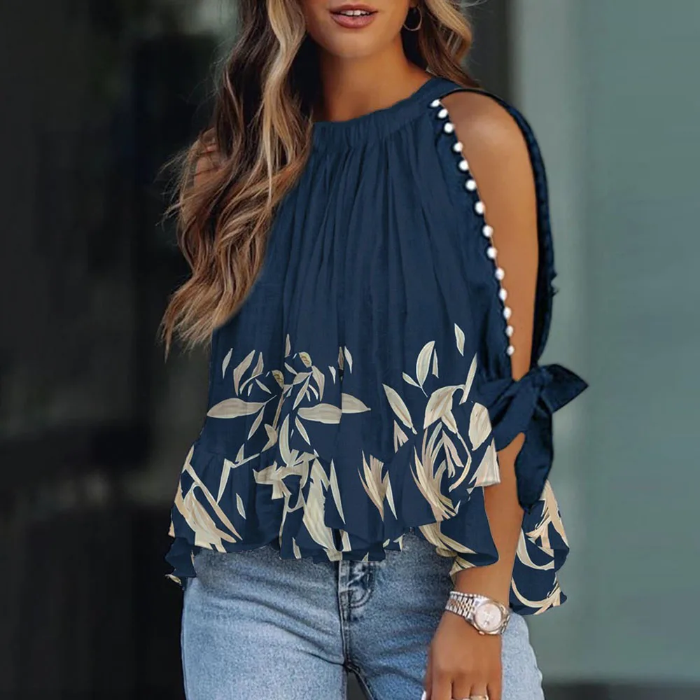 

Женский топ с разрезами и оборками, Повседневная футболка с принтом растений, украшенная бусинами, весна-лето