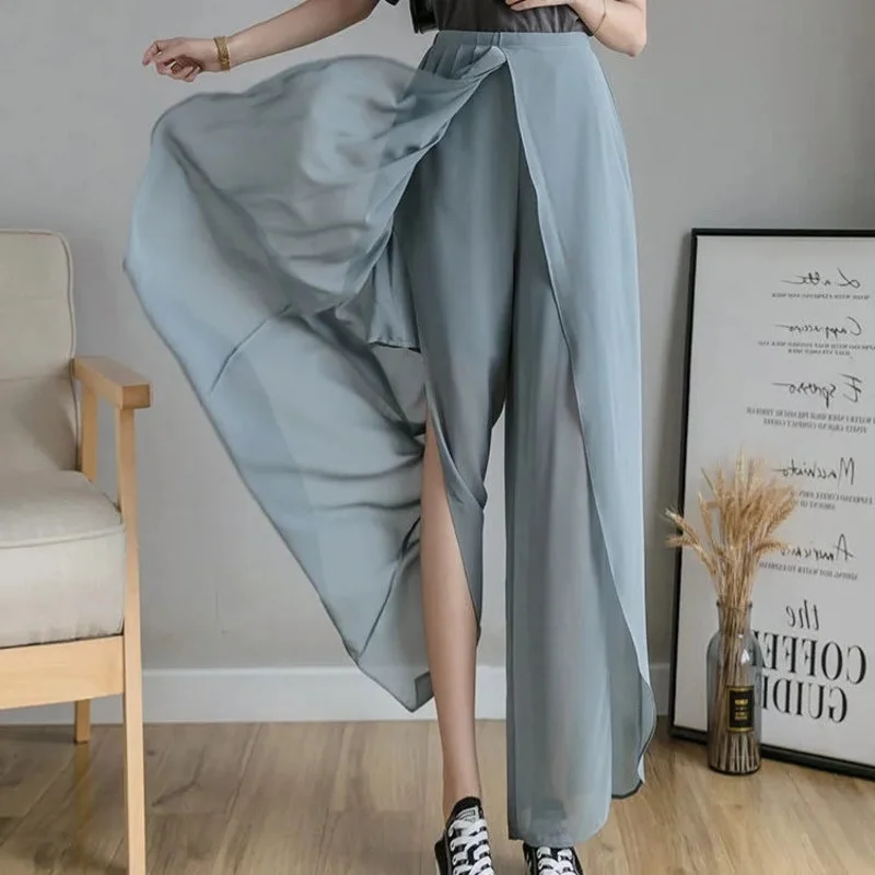 Summer Thin Women Chiffon Skirt Pants Wide Legs Irregular Wild Korean Fashion Pantalones Mujer High Waist Casual Loose Trou