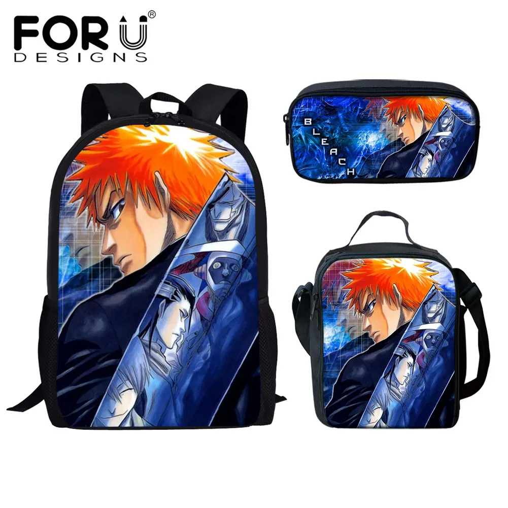 Холщовые сумки на плечо FORUDESIGNS с японским аниме и отбеливающим узором, комплект из 3 предметов, вместительный студенческий рюкзак для подрос...