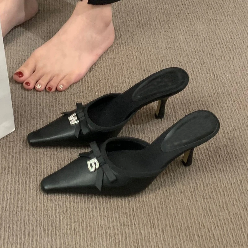 

Spring New Brand Women Slipper Ladies Elegant Thin High Heel Elegant Sandal Pointed Toe Slip on Dress Slides Pumps Zapatos Mujer