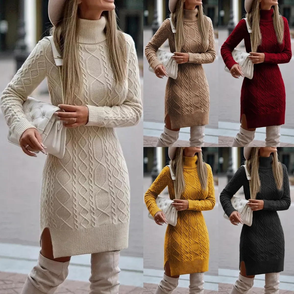 

Casual Turtleneck Pullover Knitted Dresses for Women 2021 Autumn Winter Simple Long Sleeve Solid Color Split Sweater Women Dress
