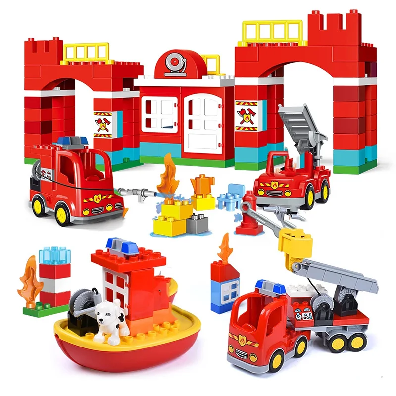 

DIY Children's Educational Toy City Fire Department Firefighter Doll Building Blocks Jigsaw Model Truck Boat Building Block Toys