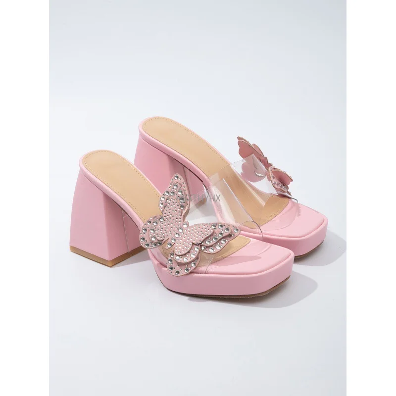 Summer Woman Pumps PVC Crystal High Heels Peep Toe Mules Slippers Ladies Slides Shoes Square heel Modern Slippers