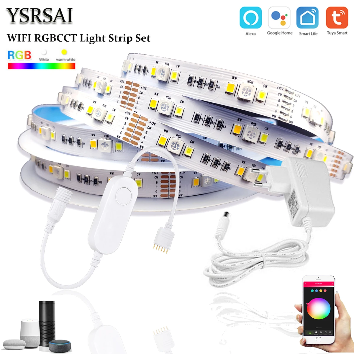 Мини-контроллер TUYA Smart life Wi-Fi RGBCW 5 м 12 В постоянного тока 5050 RGB + CCT 90 светодиодов/м