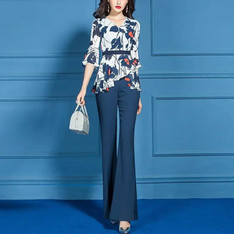 

Women Casual Suit 2022 Summer Chiffon Print Top High Waist Wide Leg Pants 2 Two Piece Sets Fashion Female Big Size Clothing E118