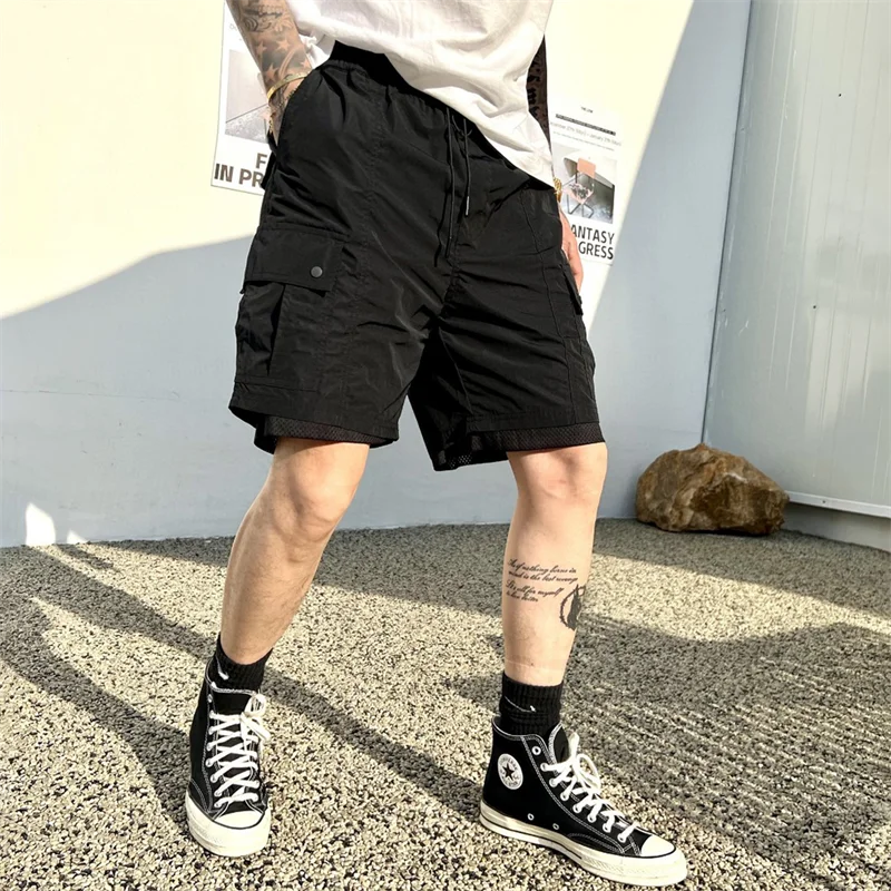 Y3 Yohji Yamamoto Man Mesh Quick Drying Cargo Pants Fake Two Pieces Function Solid Color Drawstring Versatile Shorts