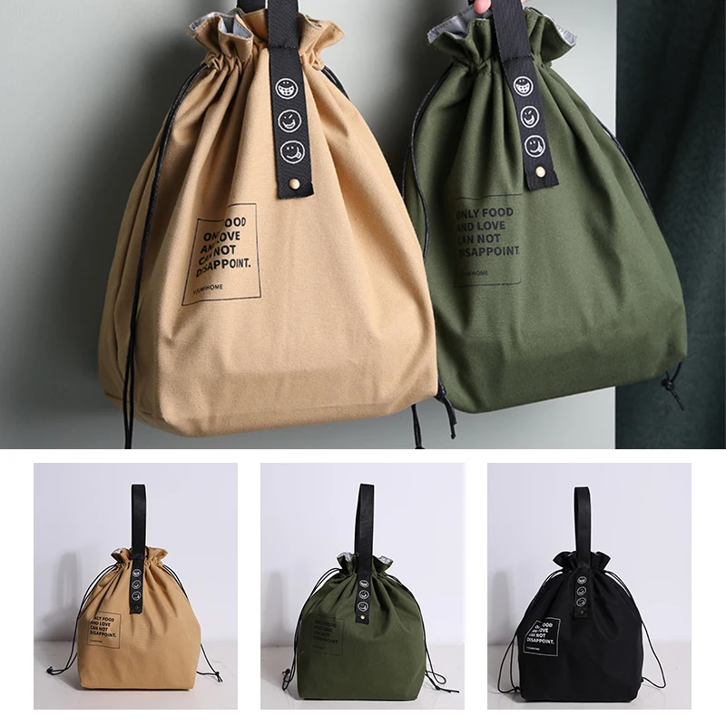 

New Simple Constraint Ribbon Insulation Meal Bag Adjustable Wide Opening Canvas Drawstring Lunch Handbag Picnic Accessories