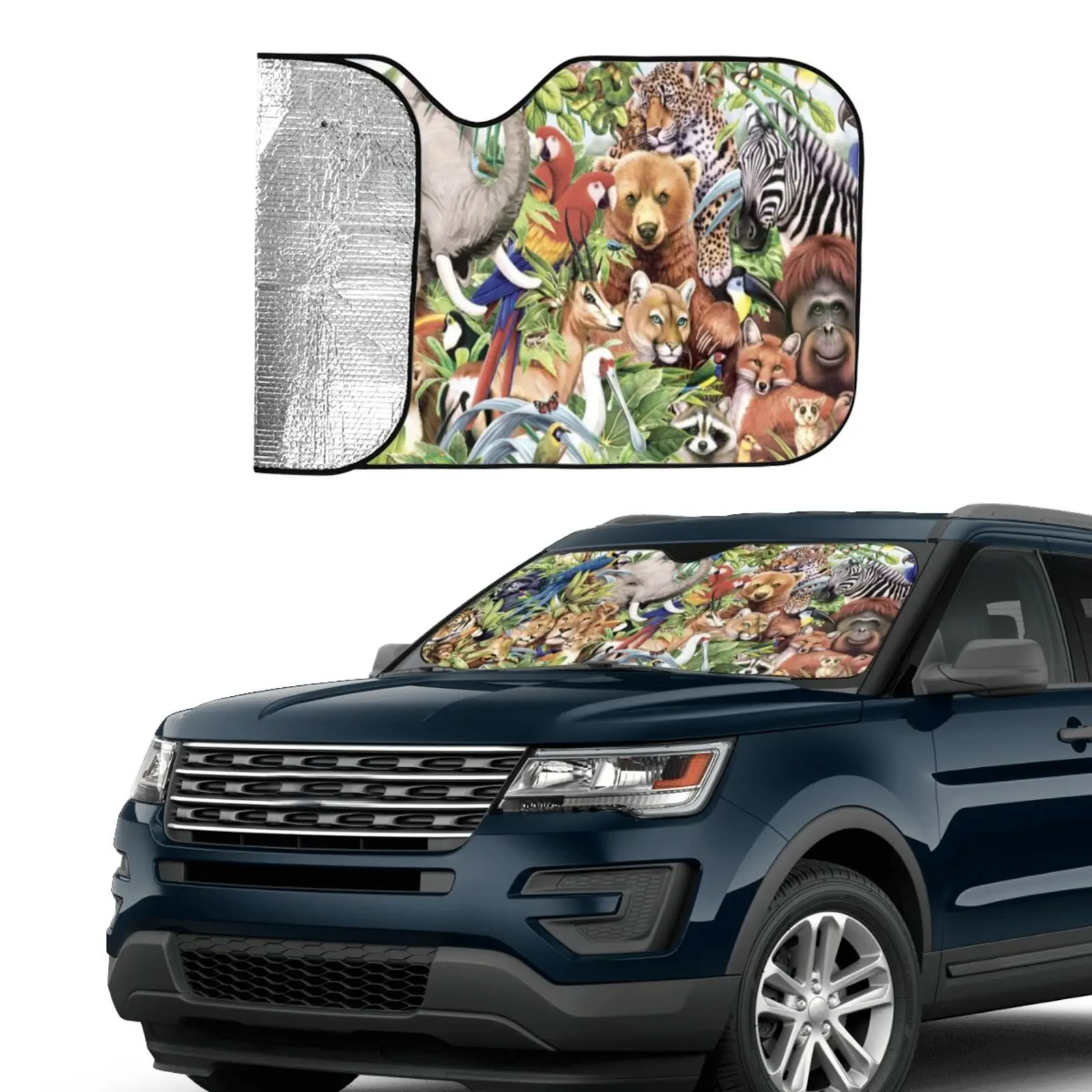 

Free Shipping 3d Custom Print Car A Group Animals Lion Elephant Tiger Sunshade Car Windshield