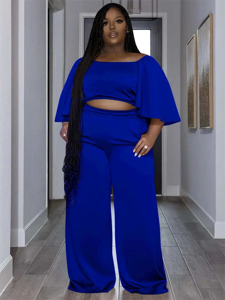 Plus Size Two Piece Sets Women Clothing Solid Off Shoulder Tops and Pants Wide Leg Matching Set Wholes 3xl 4xl 5xl 6xl