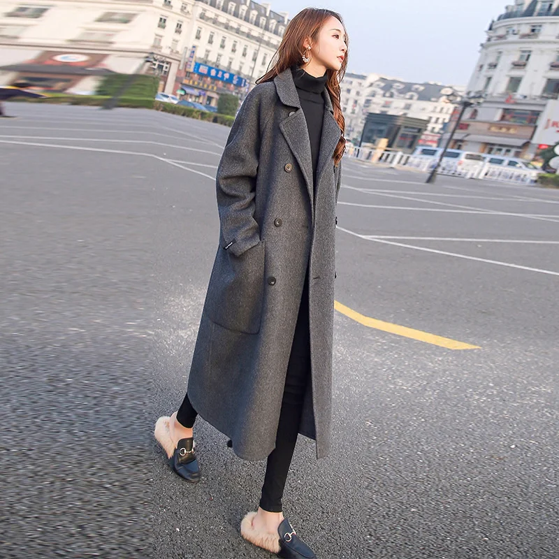 

2022 Autumn And Winter New Hepburn Fashion Loose Over The Knee Gray Thickened Medium And Long Woolen Coat Women's Trend
