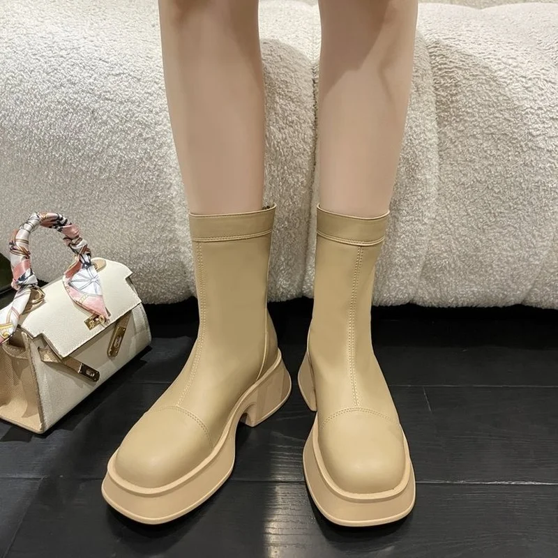 Women Ankle Boots Fashion Thick Heels Spring Winter Casual Outdoor Side Zipper Shoes Woman Leisure Stretch Boots 2022