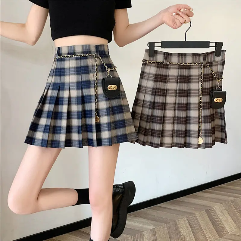 Designer JK Plaid Plated Skirt Women High Waist Thin A-line Short Skirt with Chain Bag 2023 Student Woolen Summer Mini Skirt