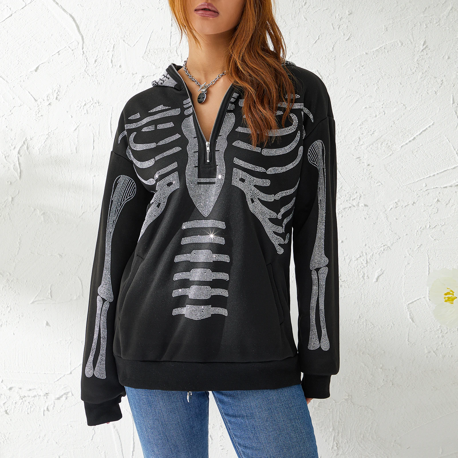 

Женские Модные худи Стразы Украшенные косточками с длинным рукавом на молнии дизайнерские худи с принтом черепа уличная одежда женские осенние свитшоты