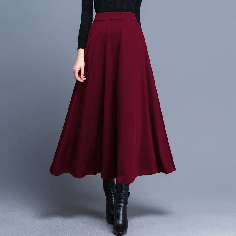 

New High Waist Pleated Elegant Skirt Wine Red Black Solid Color Long Skirts Women Faldas Saia Large Size Ladies Jupe Ropa Mujer