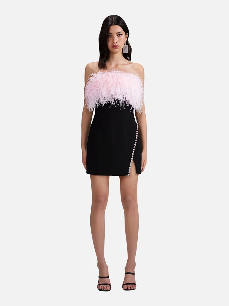

Sexy Strapless Feather Diamond Mini Bandage Dress Elegant Black Sleeveless Backless Feathers Bodycon Dress Club Party Evening