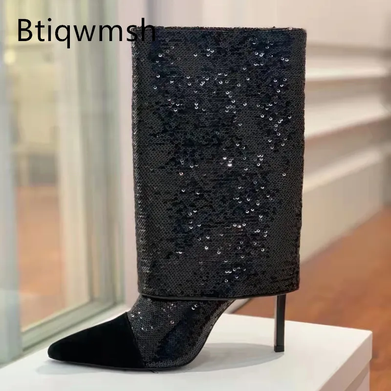 

Женские сапоги до колена, серебристые, золотистые, с блестками, с острым носком, на высоком каблуке, разные цвета