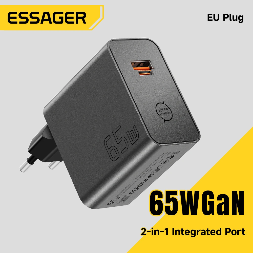 Фото Зарядное устройство ESSAGER 65W GaN PD3.0 PPS QC4.0, полностью совместимое с iPhone 17, 16, Samsung S26, MacBook Air, ноутбуками Huawei, быстрое зарядное устройство PD №1