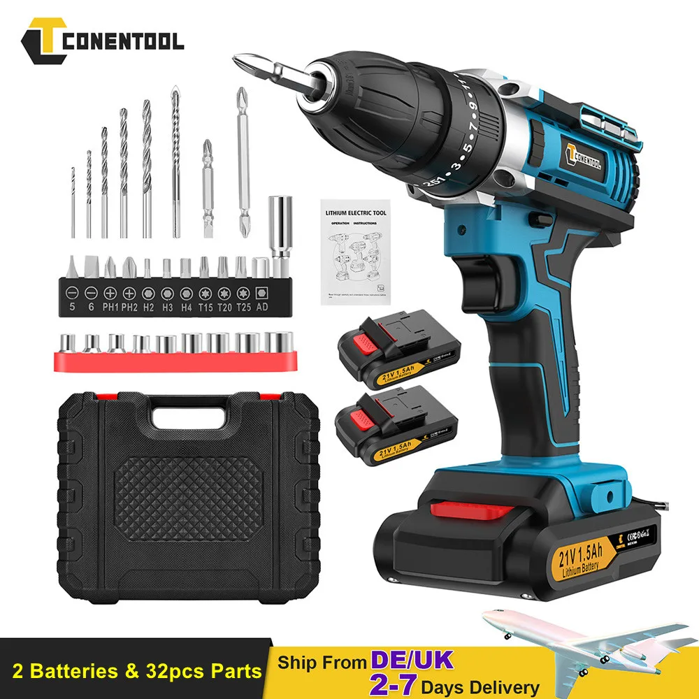 

CONENTOOL 21V Electric Screwdriver Set 1500mah Battery Drill Cordless Rechargeable Screwdriver Torque 25+3 Power Tools Kit