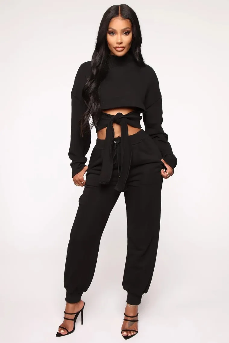 

Two-piece Women Sets Lace-up Short Top Trousers Fashion Lady Outfits Solid Color Casual Female Suits