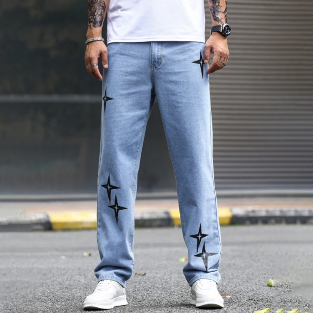 Print Star Pants Streetwear Baggy Men Jeans Korean Fashion Loose Straight Male High Street Hip Hop Japan Style Male Trousers