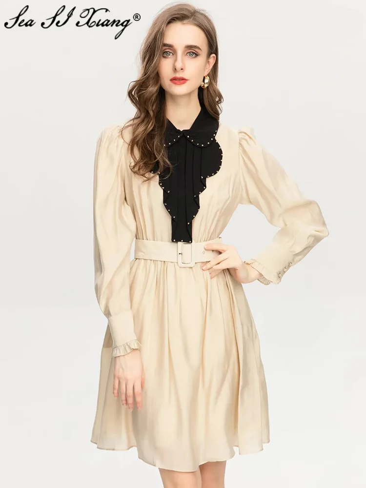 Seasixiang Fashion Designer Autumn Dress Women Peter pan Collar Long Sleeve Beading Belt Vintage Party Solid Short Dresses