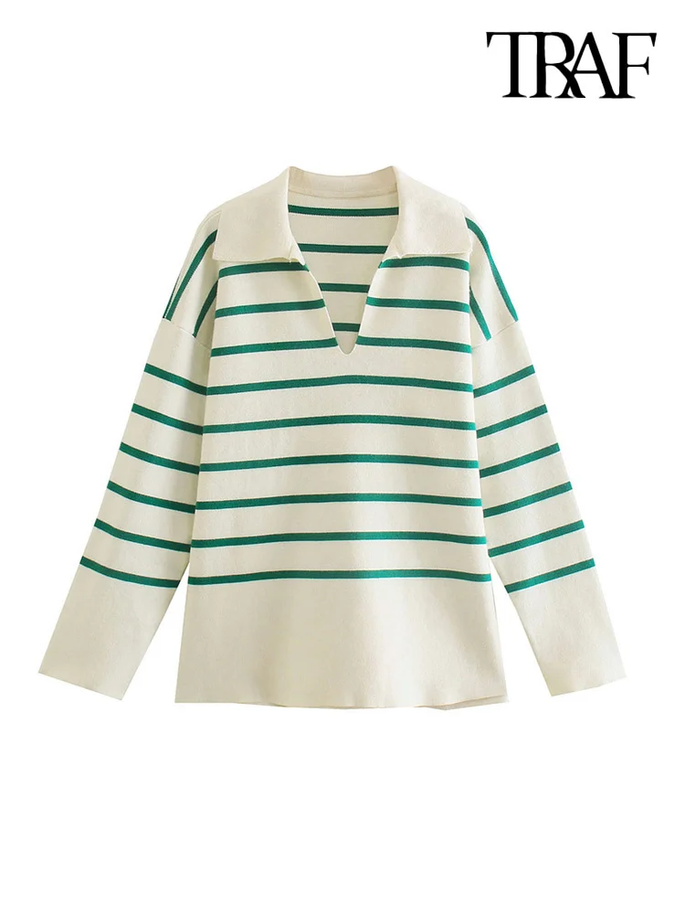 

Женский полосатый вязаный свитер с воротником с лацканами и длинным рукавом