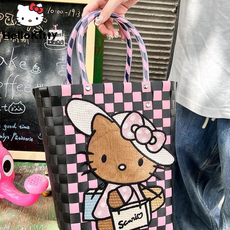 

Sanrio Hawaiian Black Hello Kitty Weaving Baskets Women Portable Shopping Bag Korean Fashion Handbags Y2k Small Storage Tote Bag