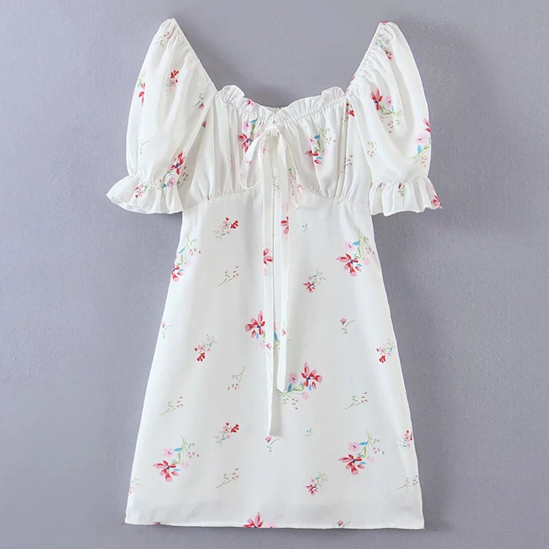 

DaveDi Summer Indie Folk Bohemian French Style Floral Print Square Collar Puff Sleeve Fashion Elegant Mini Dress Women