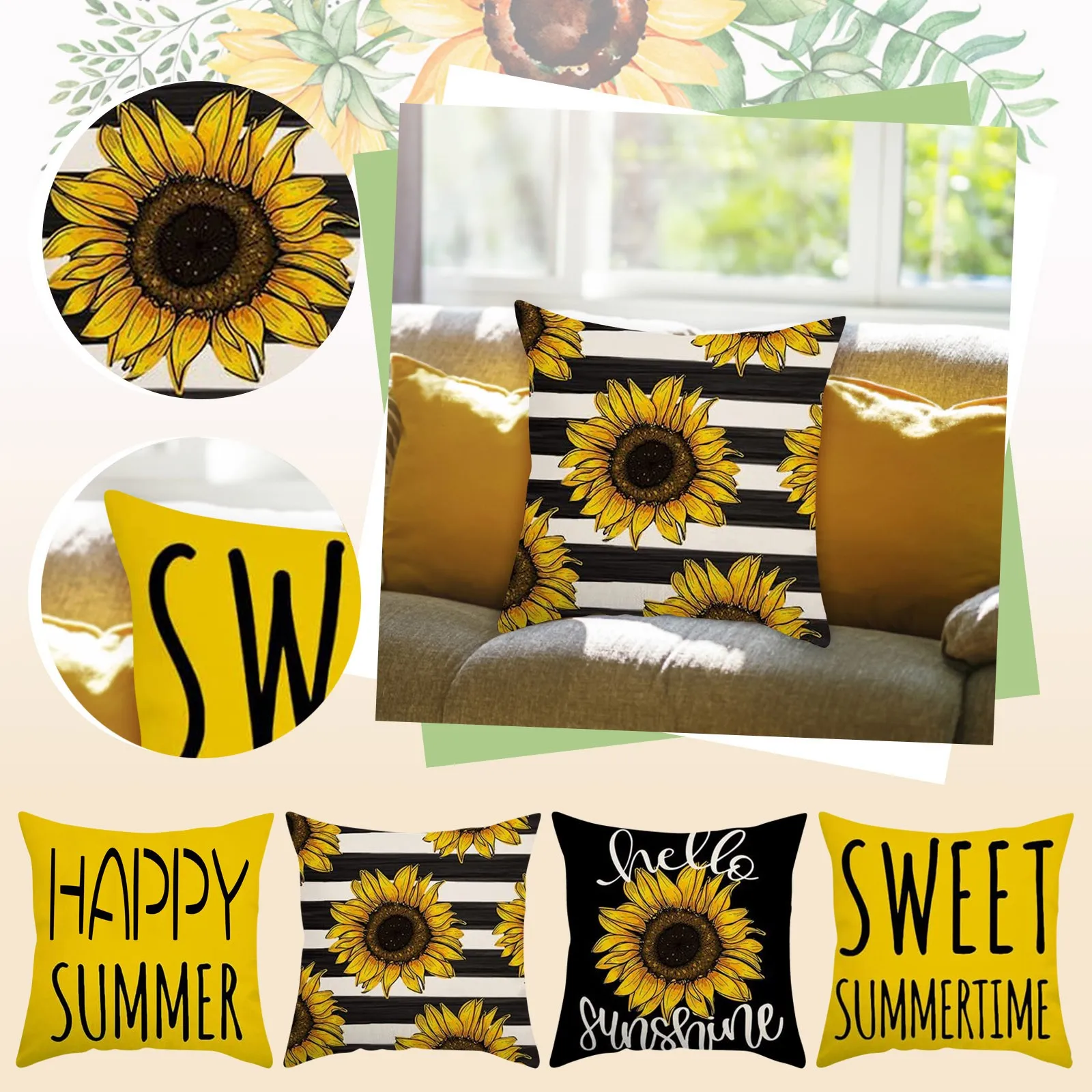 

Summer Sunflower Home Sofa Cover Decorative Cushion Pillowcase Waterproof Pillow Protectors