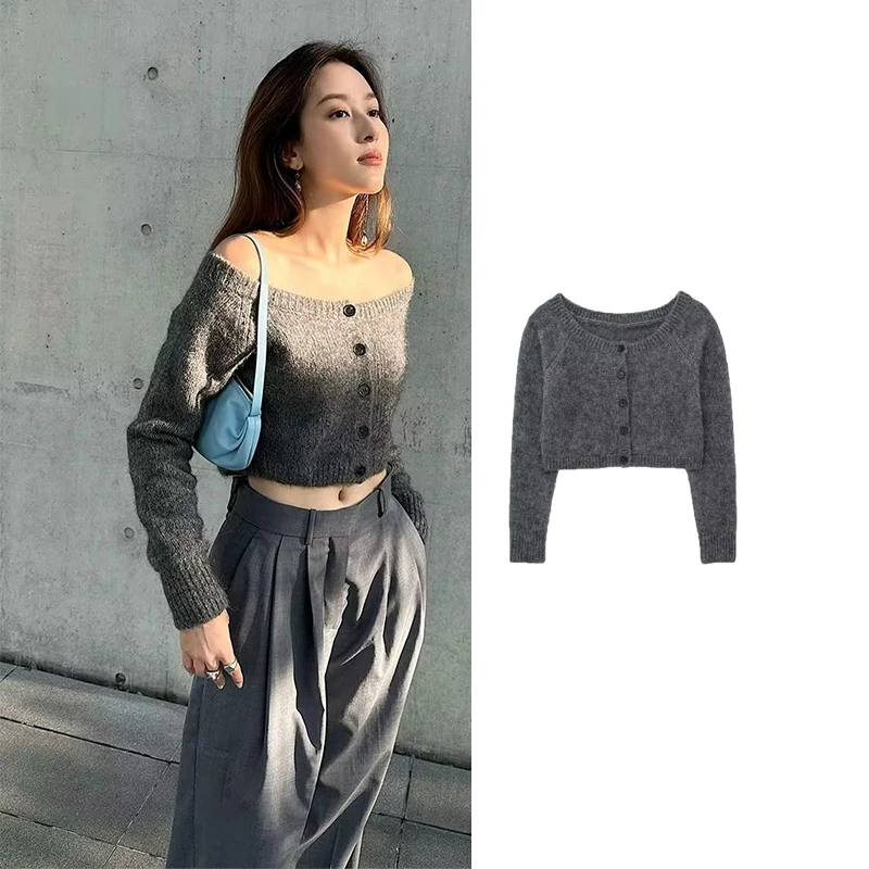 

TRAF 2023 New Knit Cardigan Women Autumn Sweaters Cardigans for Woman Long Sleeve Short Knit Cardigan Women Sweater