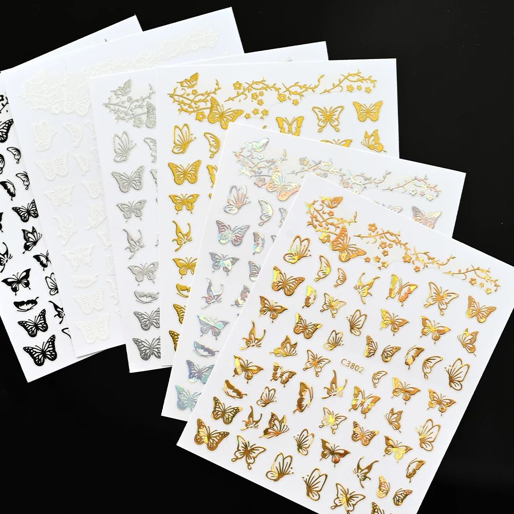 

1 Sheet 3D Holographic Gold Silver Black Butterfly Nail Art Stickers 3D Fire Flame Decals Bronzing Slider For Nail Tips Beauty