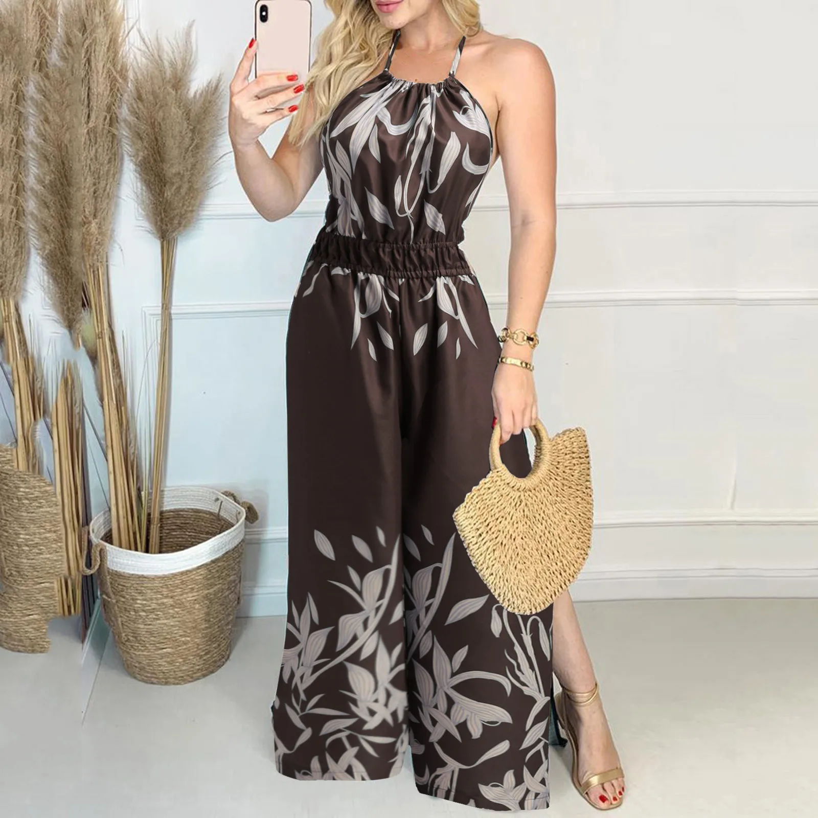 

Workout Jumpsuits for Women Women Daily Summer Casual V Neck Sleeveless Halter Floral Leaf Jumpsuit Romper for Women Elegant