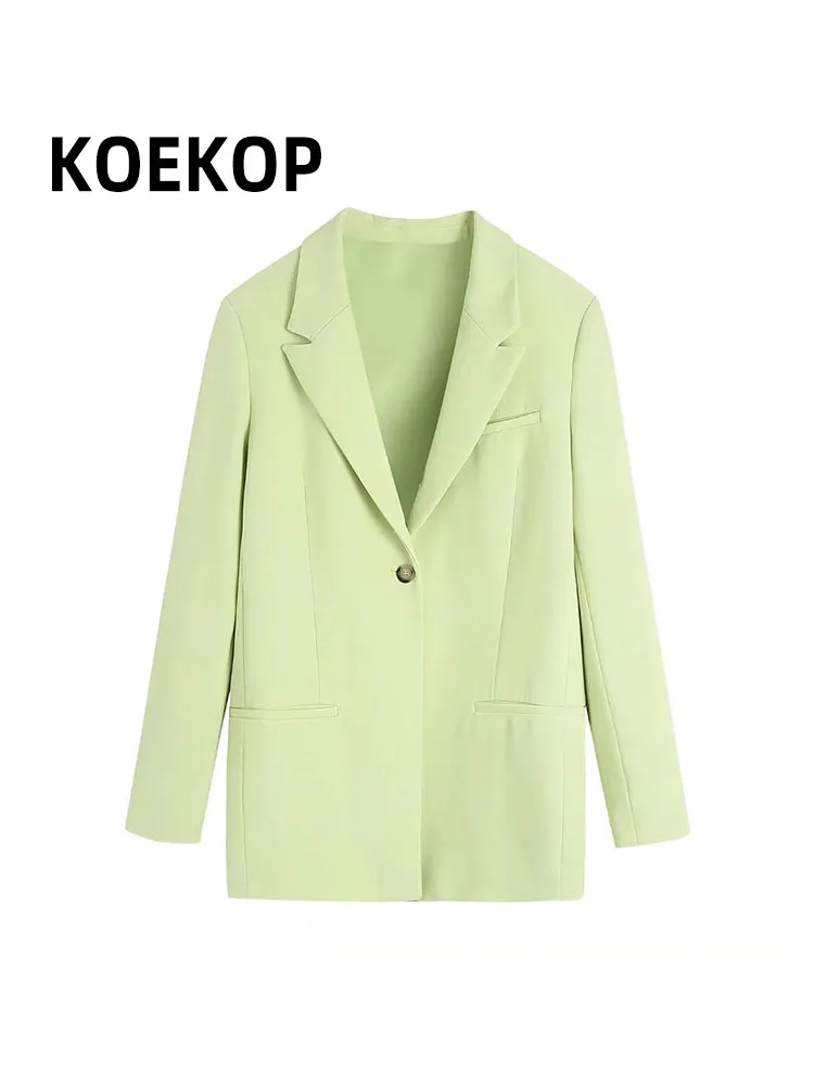 

KOEKOP Women Fashion Solid Single Button Blazer Vintage Notched Neck Long Sleeves Female Office Lady Casual Outfits