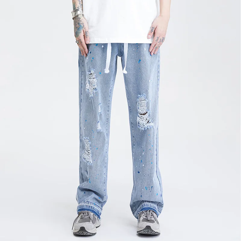High Street Ripped Jeans for Men Straight Leg Loose Jeans Y2k Fashion Street Jeans Fashion Street Ins Hot Sale JEANS