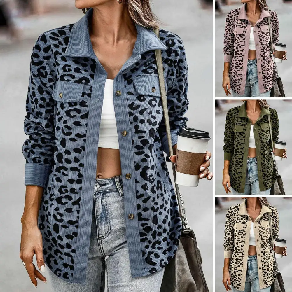 

Women Spring Autumn Thin Shirt Coat Lapel Long Sleeve Single Breasted Leopard Patchwork Color Loose Fit Jacket Outwear
