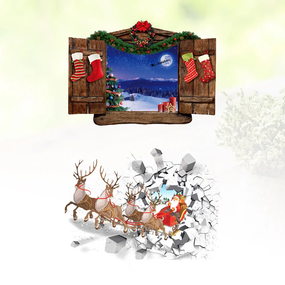 

Christmas Wall 3D Stickers Sticker Window Decals Decal Santa Cracked Broken Elk Windows Faux Removable Holiday Clings Cling